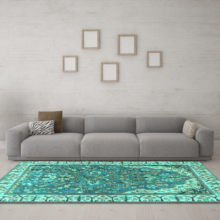 Machine Washable Animal Turquoise Traditional Area Rugs in a Living Room,, wshtr4236turq