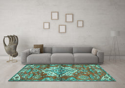 Machine Washable Persian Turquoise Traditional Area Rugs in a Living Room,, wshtr4237turq