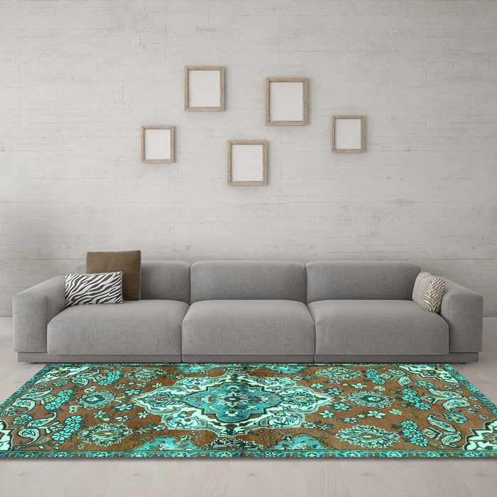 Machine Washable Persian Turquoise Traditional Area Rugs in a Living Room,, wshtr4237turq