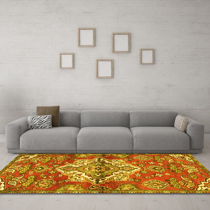 Machine Washable Persian Yellow Traditional Rug in a Living Room, wshtr4237yw