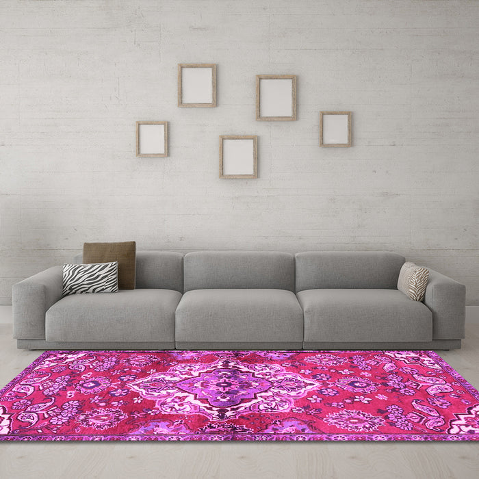 Machine Washable Persian Pink Traditional Rug in a Living Room, wshtr4237pnk