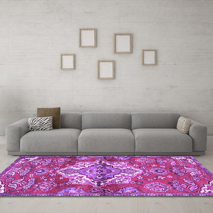 Machine Washable Persian Purple Traditional Area Rugs in a Living Room, wshtr4237pur