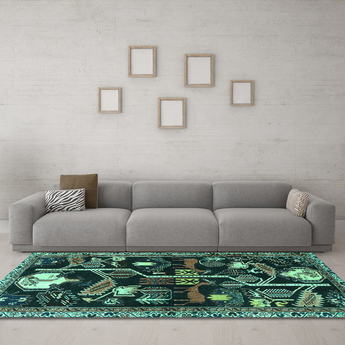 Machine Washable Animal Turquoise Traditional Area Rugs in a Living Room,, wshtr4238turq