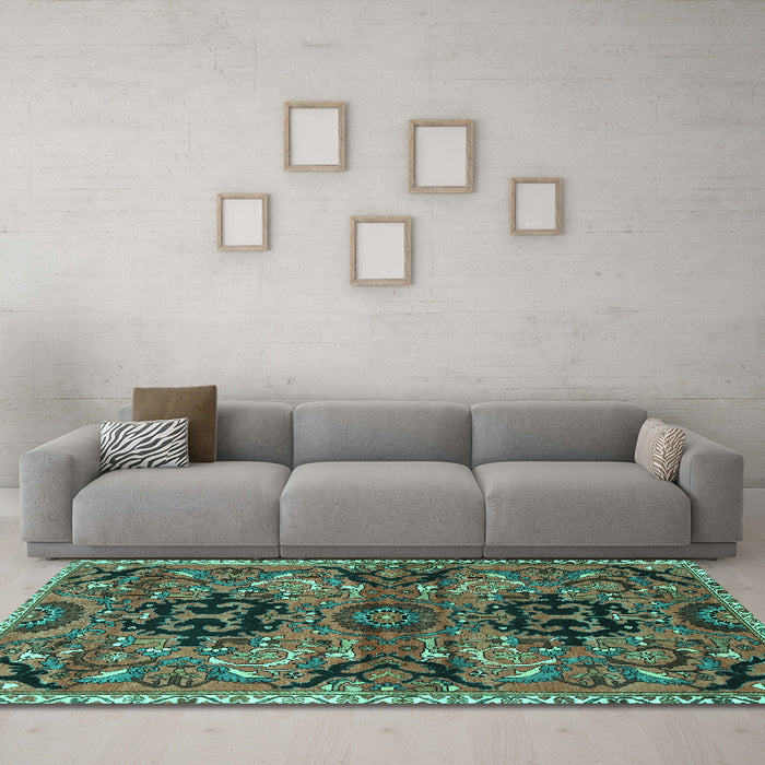 Machine Washable Persian Turquoise Traditional Area Rugs in a Living Room,, wshtr4239turq