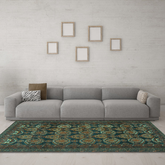 Machine Washable Persian Turquoise Traditional Area Rugs in a Living Room,, wshtr4240turq