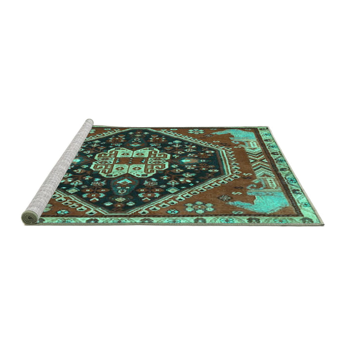 Sideview of Machine Washable Persian Turquoise Traditional Area Rugs, wshtr4242turq