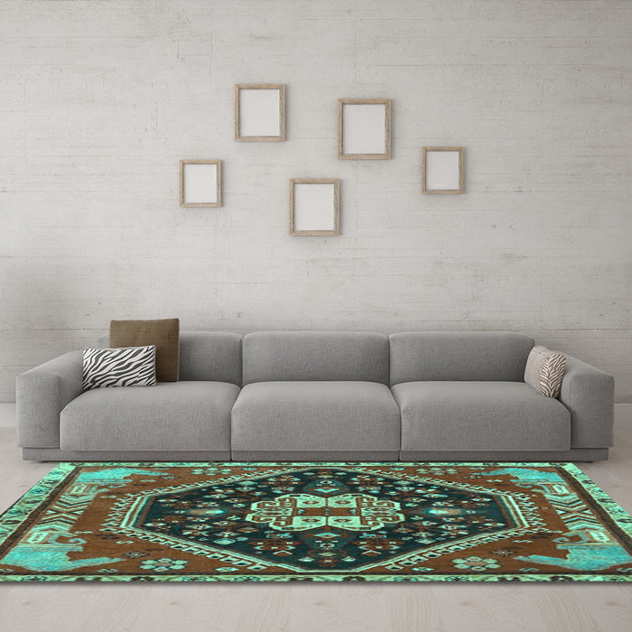Machine Washable Persian Turquoise Traditional Area Rugs in a Living Room,, wshtr4242turq