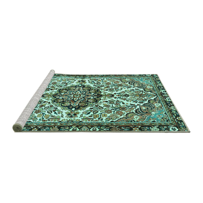 Sideview of Machine Washable Persian Turquoise Traditional Area Rugs, wshtr4245turq