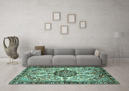Machine Washable Persian Turquoise Traditional Area Rugs in a Living Room,, wshtr4245turq