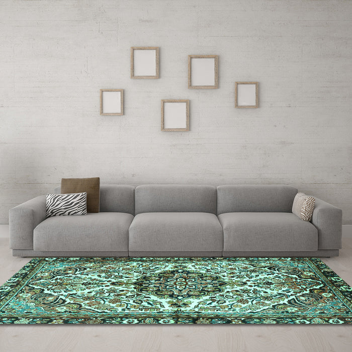 Machine Washable Persian Turquoise Traditional Area Rugs in a Living Room,, wshtr4245turq