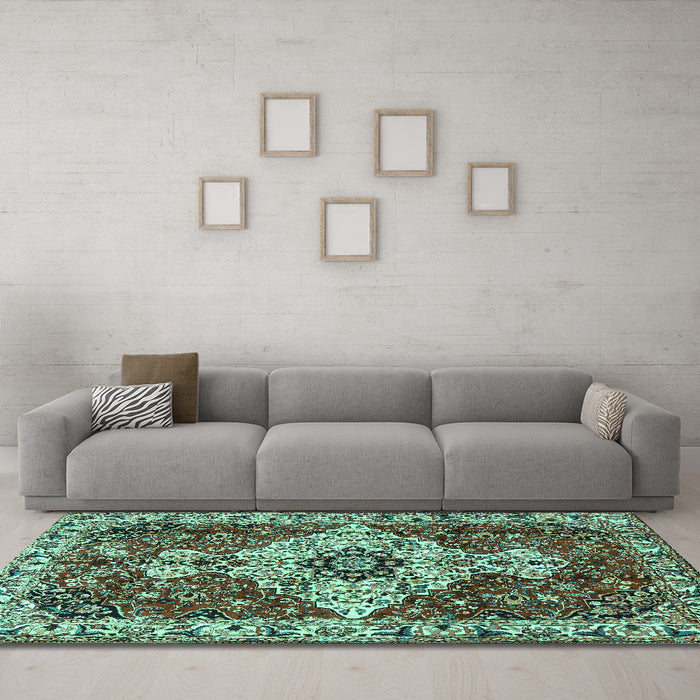 Machine Washable Persian Turquoise Traditional Area Rugs in a Living Room,, wshtr4246turq