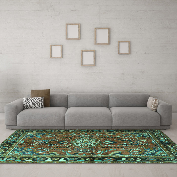 Machine Washable Persian Turquoise Traditional Area Rugs in a Living Room,, wshtr4248turq