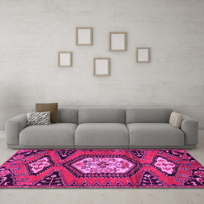 Machine Washable Persian Pink Traditional Rug in a Living Room, wshtr4249pnk