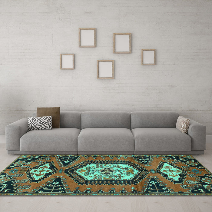 Machine Washable Persian Turquoise Traditional Area Rugs in a Living Room,, wshtr4249turq