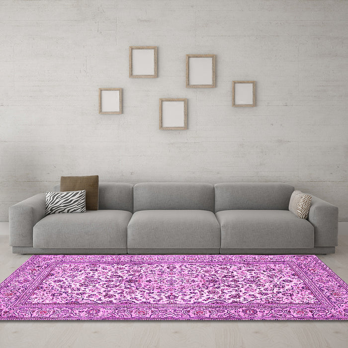 Machine Washable Medallion Pink Traditional Rug in a Living Room, wshtr424pnk