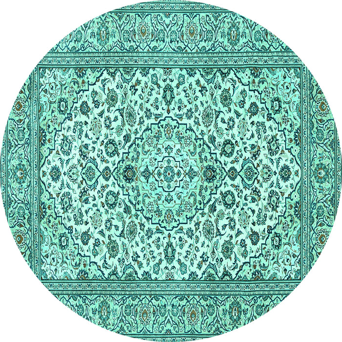 Round Machine Washable Medallion Turquoise Traditional Area Rugs, wshtr424turq