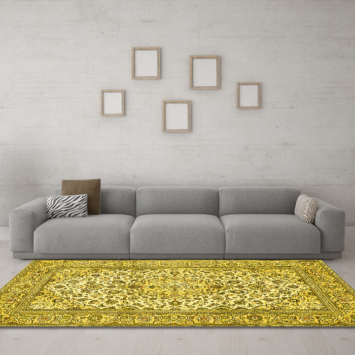 Machine Washable Medallion Yellow Traditional Rug in a Living Room, wshtr424yw