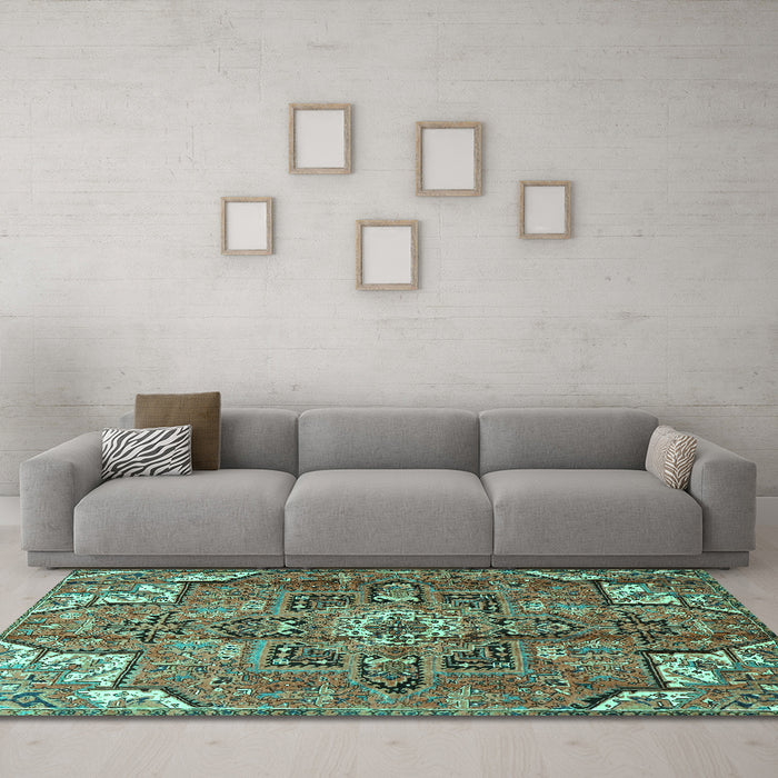 Machine Washable Persian Turquoise Traditional Area Rugs in a Living Room,, wshtr4250turq