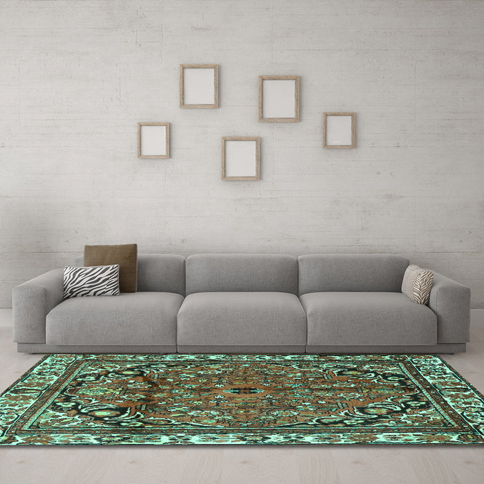 Machine Washable Persian Turquoise Traditional Area Rugs in a Living Room,, wshtr4251turq