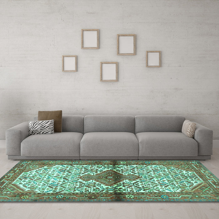 Machine Washable Persian Turquoise Traditional Area Rugs in a Living Room,, wshtr4257turq