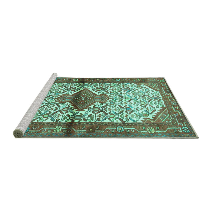 Sideview of Machine Washable Persian Turquoise Traditional Area Rugs, wshtr4257turq