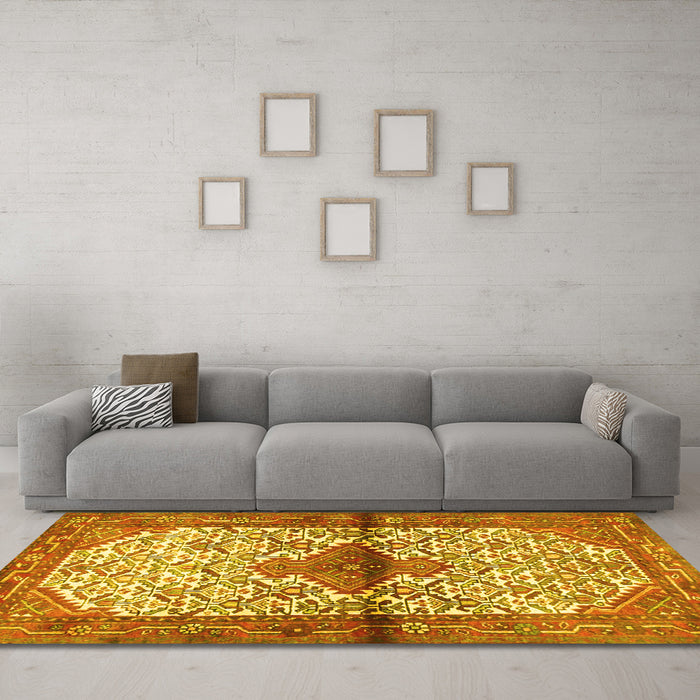 Machine Washable Persian Yellow Traditional Rug in a Living Room, wshtr4257yw