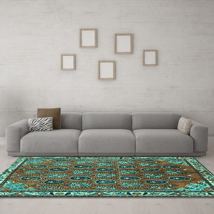 Machine Washable Persian Turquoise Traditional Area Rugs in a Living Room,, wshtr4258turq