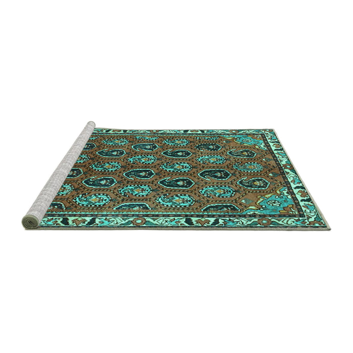 Sideview of Machine Washable Persian Turquoise Traditional Area Rugs, wshtr4258turq
