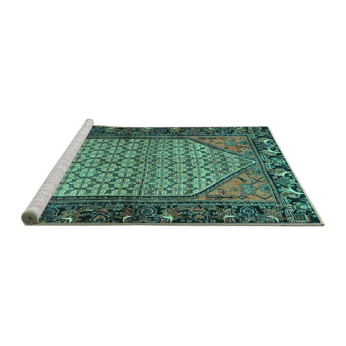Sideview of Machine Washable Persian Turquoise Traditional Area Rugs, wshtr425turq