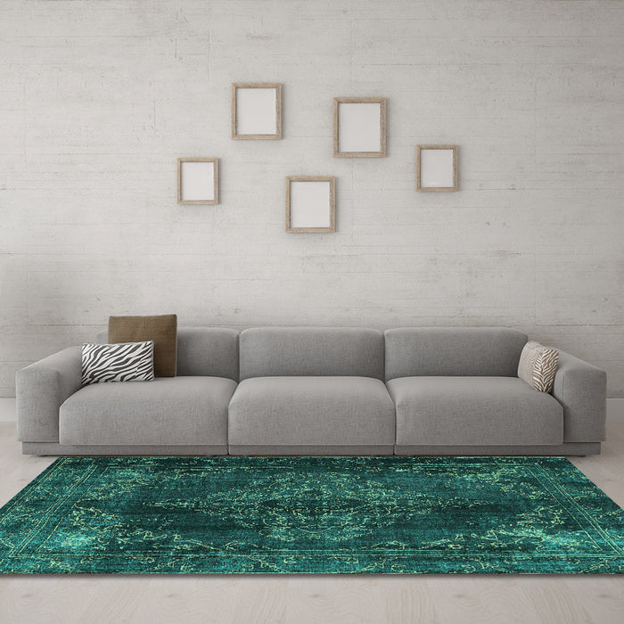 Machine Washable Persian Turquoise Traditional Area Rugs in a Living Room,, wshtr4263turq