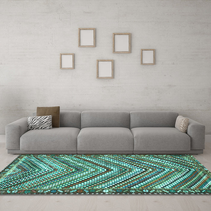 Machine Washable Southwestern Turquoise Country Area Rugs in a Living Room,, wshtr4286turq