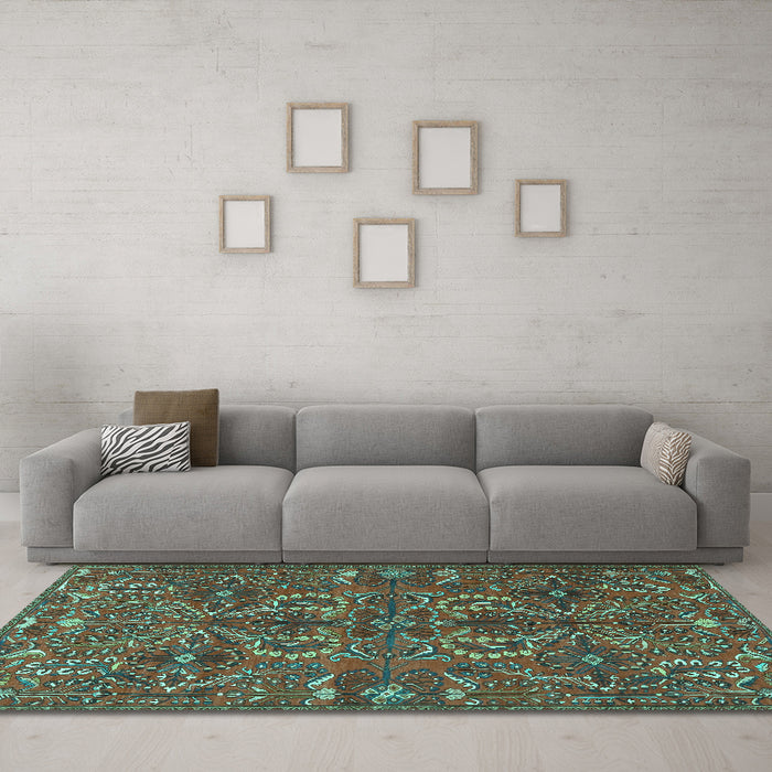 Machine Washable Persian Turquoise Traditional Area Rugs in a Living Room,, wshtr4288turq