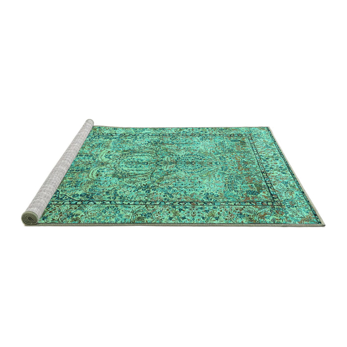 Sideview of Machine Washable Persian Turquoise Traditional Area Rugs, wshtr4289turq