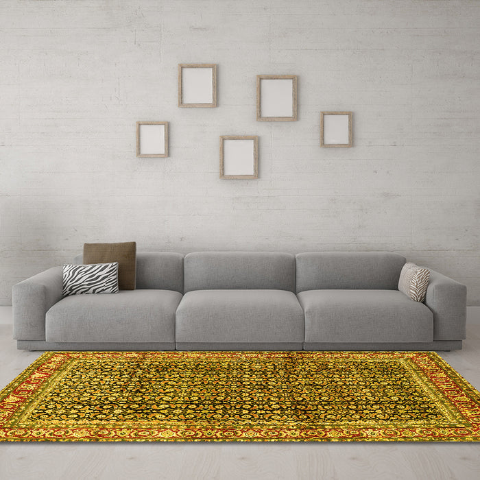 Machine Washable Persian Yellow Traditional Rug in a Living Room, wshtr428yw