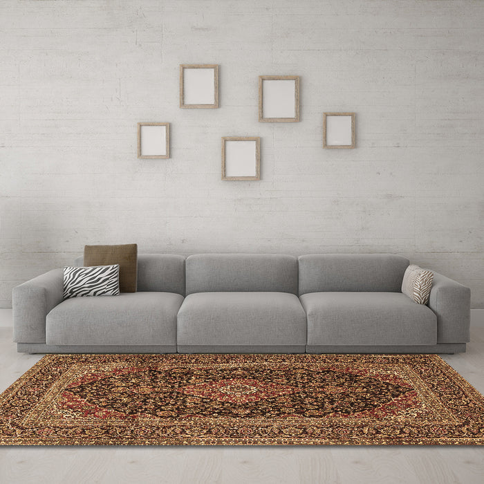 Machine Washable Medallion Brown Traditional Rug in a Living Room,, wshtr4291brn