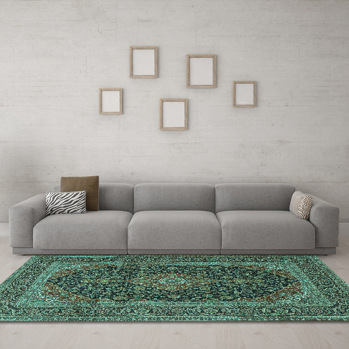 Machine Washable Medallion Turquoise Traditional Area Rugs in a Living Room,, wshtr4291turq