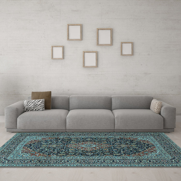 Machine Washable Medallion Light Blue Traditional Rug in a Living Room, wshtr4291lblu