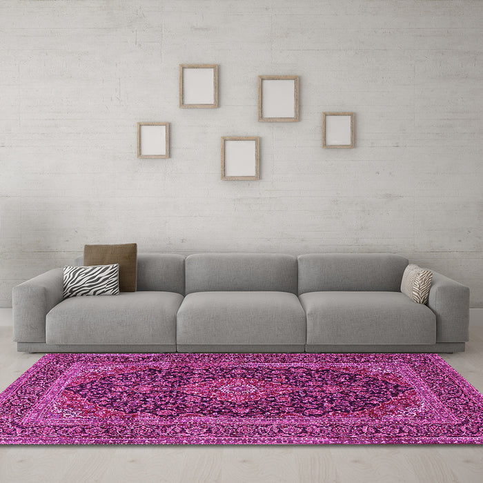 Machine Washable Medallion Pink Traditional Rug in a Living Room, wshtr4291pnk