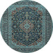 Round Machine Washable Medallion Light Blue Traditional Rug, wshtr4291lblu