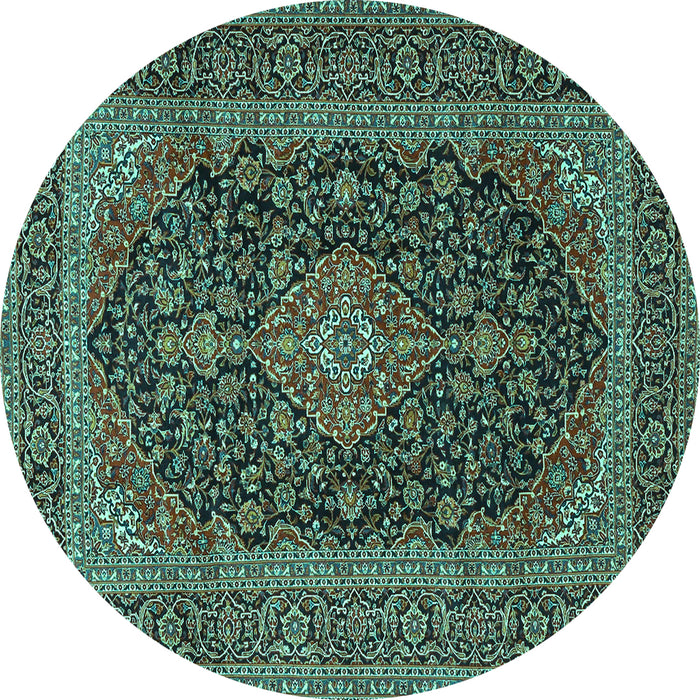 Round Machine Washable Medallion Turquoise Traditional Area Rugs, wshtr4291turq