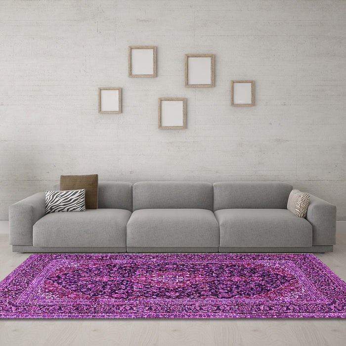 Machine Washable Medallion Purple Traditional Area Rugs in a Living Room, wshtr4291pur