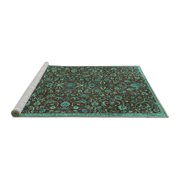 Sideview of Machine Washable Persian Turquoise Traditional Area Rugs, wshtr4292turq
