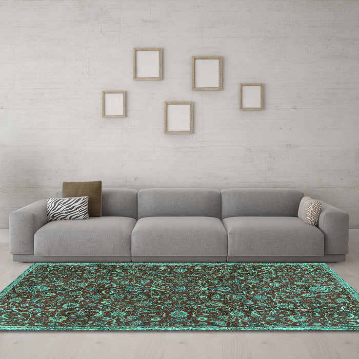 Machine Washable Persian Turquoise Traditional Area Rugs in a Living Room,, wshtr4292turq