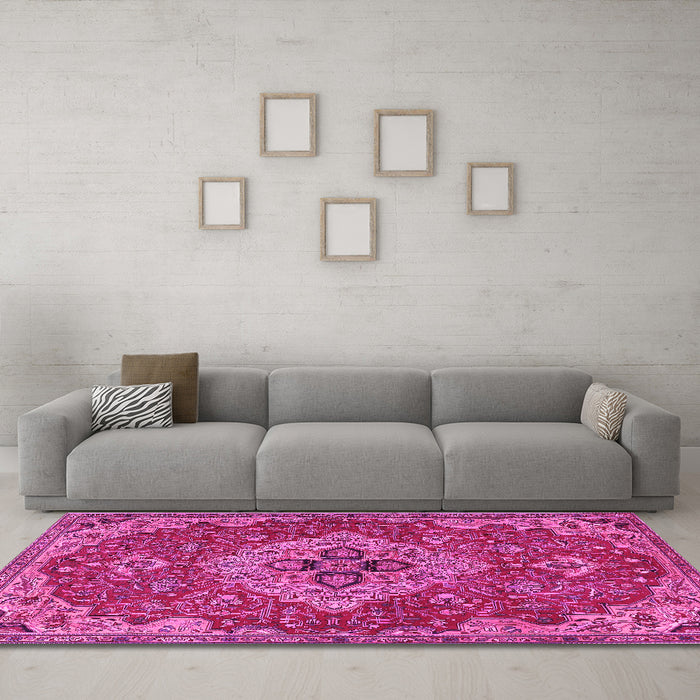 Machine Washable Persian Pink Traditional Rug in a Living Room, wshtr4293pnk