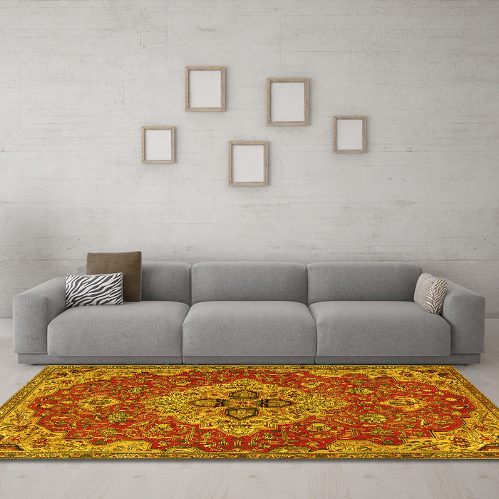Machine Washable Persian Yellow Traditional Rug in a Living Room, wshtr4293yw