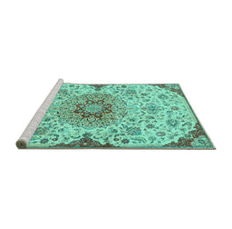 Sideview of Machine Washable Persian Turquoise Traditional Area Rugs, wshtr4294turq