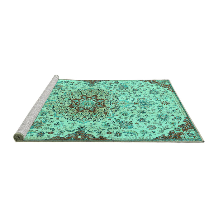 Sideview of Machine Washable Persian Turquoise Traditional Area Rugs, wshtr4294turq