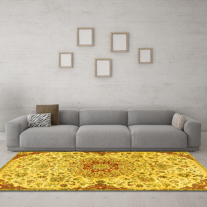Machine Washable Persian Yellow Traditional Rug in a Living Room, wshtr4294yw