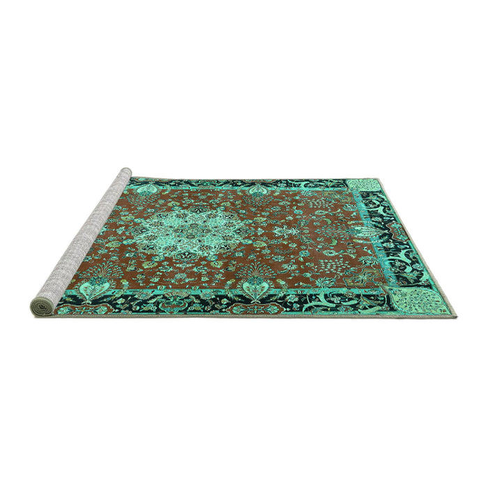 Sideview of Machine Washable Persian Turquoise Traditional Area Rugs, wshtr4296turq