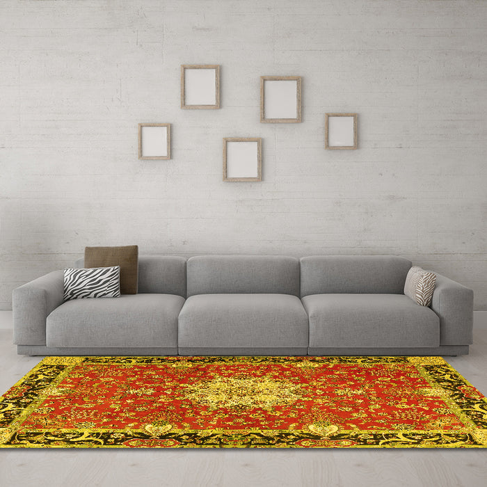 Machine Washable Persian Yellow Traditional Rug in a Living Room, wshtr4296yw